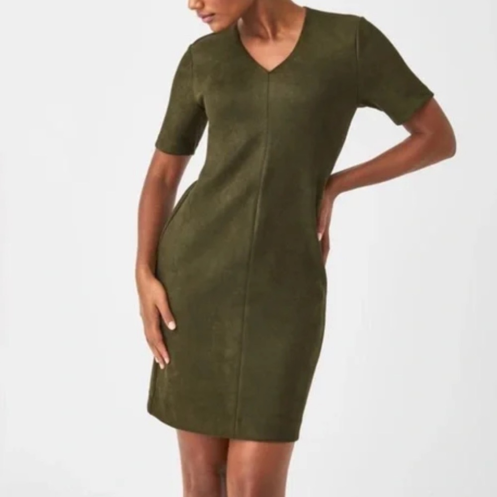 Spanx Faux Suede Column Dress V-neck, Fitted, Utility Green, Sz Small, NWT